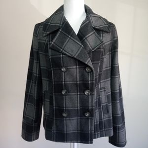 Old Navy Wool Blend Peacoat Gray Black Plaid Checked coat jacket button up